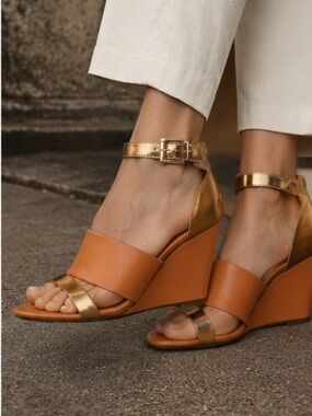 Rebecca Minkoff Tan and Gold Wedge Sandals